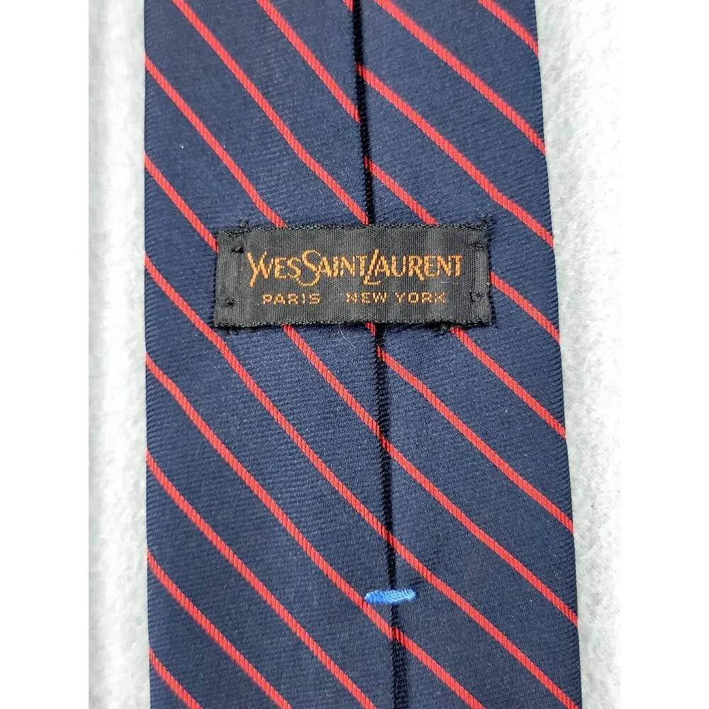 Vintage Yves Saint Laurent Navy Red Striped Tie YSL Logo